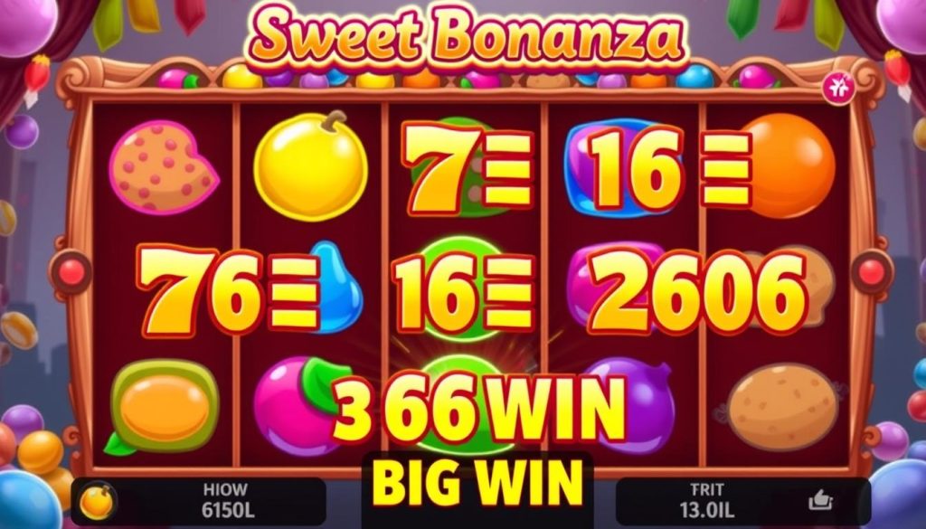 ภาพเกมสล็อต Sweet Bonanza ที่มีสัญลักษณ์ผลไม้และลูกกวาด